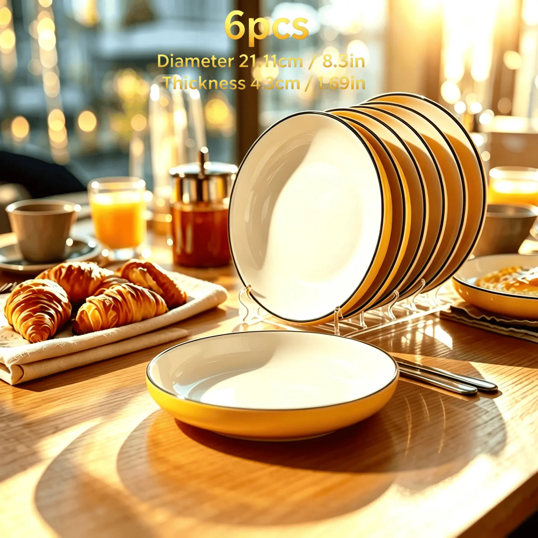 6Pcs 8.3in Minimalist Yellow-Rim Ceramic Deep Dinner Plates Set, 2-Tone, Microwave & Dishwasher Safe Kitchen Tableware for Salad, Pasta