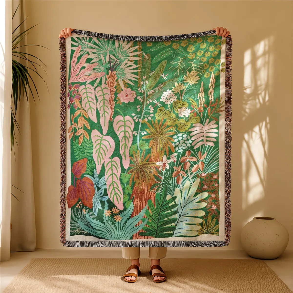 Tropical Rainforest Pattern Bohemian Yarn Jacquard Woven Blanket with Tassel, Thick Soft Washable Blanket, Giftable Blankets, Used for Home Decor Sofa Chair Bed Tapestry Tablecloth Floor Garden Picnic Outdoor Camping