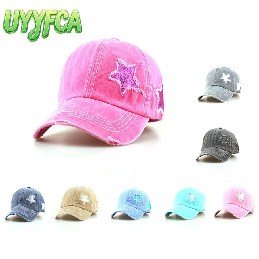 UYYFCA Women's Y2K Distressed Denim Baseball Cap with Sparkly Glitter Star Patches, Vintage Washed Adjustable Ponytail Hat with Ponytail Hole, Retro Streetwear Fashion Cap for Daily Wear, Casual Outings and Summer Activities Sun hat summervibes