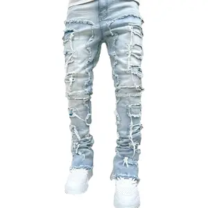 Men Slim Straight Biker Jeans Pants Stylish Streetwear Hip Hop Stacked Spliced Male Motorcycle Denim Trousers
