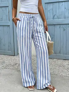 Women's Striped Comfortable Loose Straight Leg Wide Leg Pocket Drawstring Pants, Casual Daily Wear, Versatile Pants for All Seasons