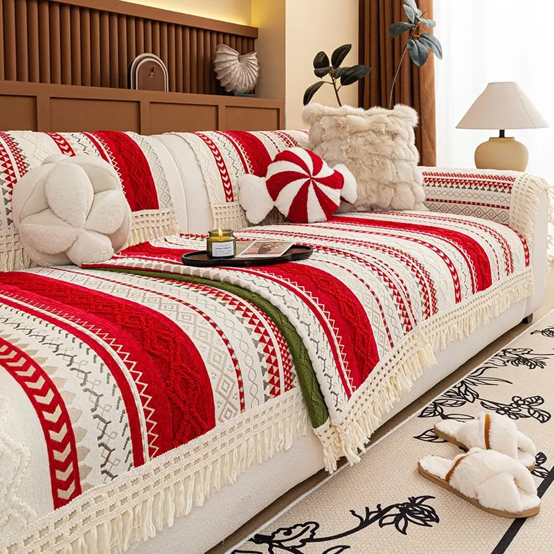 Vintage Chenille Sofa Cover, Sofa Slipcover, Sofa Couch Covers, 1 Count Non-Slip Cushion, Fringe edges add a homey, lazy vibe, Perfect for living rooms, bedrooms, and offices, 100% Polyester, Suitable for single to four-seater sofas