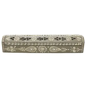 12 in. Light Grey Hand-Painted Wood Incense Coffin Box