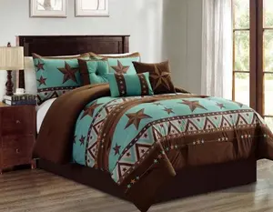 Linen Mart - Western Pattern Turquoise Rustic Brown Star Comforter Set - 7 Piece Set
