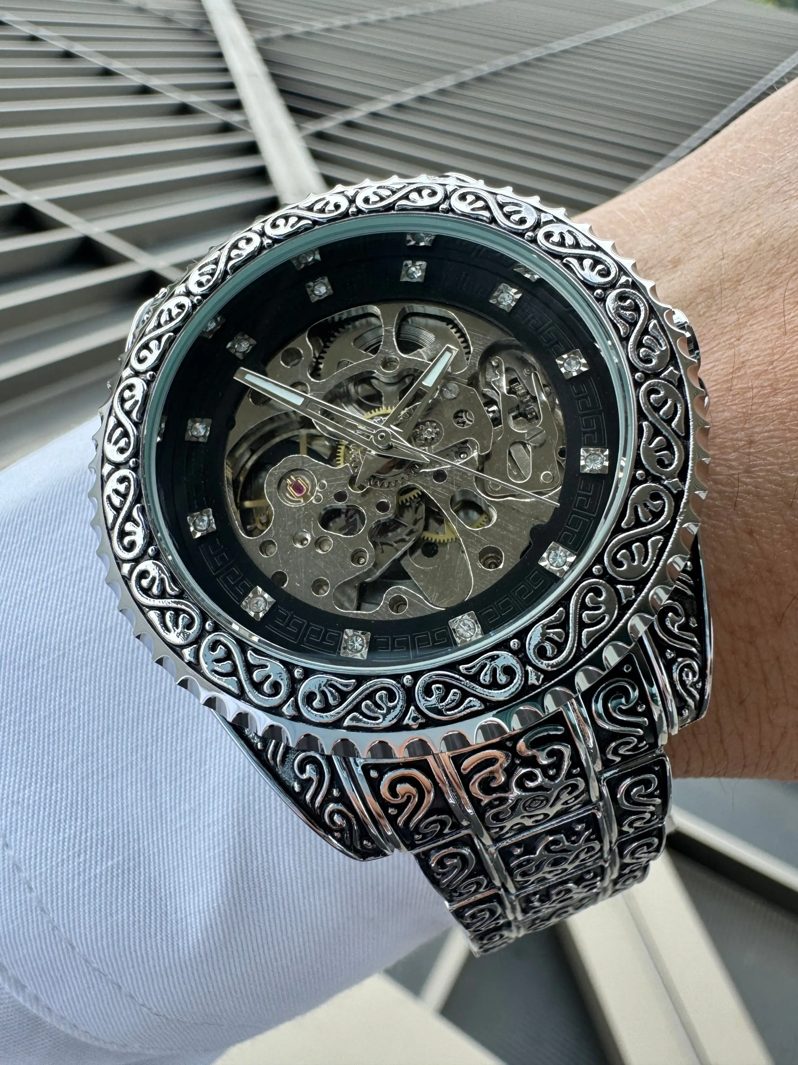 1pc Fashion Royal Skeleton Automatic Mechanical Watch for Men Luminous Hands Rotating Bezel Engraved Case Stainless Steel Strap Business Casual Mens Watches Stainless Steel Wristwatch
