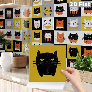 24 PCS NHZ Cartoon Cat Crystal Film Wall Stickers, Peel and Stick Backsplash, Waterproof Oil-Proof Removable DIY Decals for Kitchen Bathroom Furniture Stairs