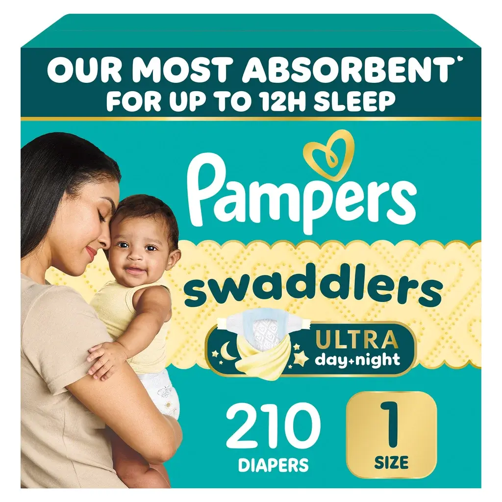 Pampers Swaddlers Ultra Unisex Taped-Edge Diapers, Size 1 (210 Count) - Plant-Based, Blowout Barrier, Keepdry Liner, Leak Guard