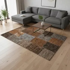 HomeRoots 655202 8 x 10 ft. Rust Brown & Gray Patchwork Washable Machine Made Rectangle Area Rug with UV Protection