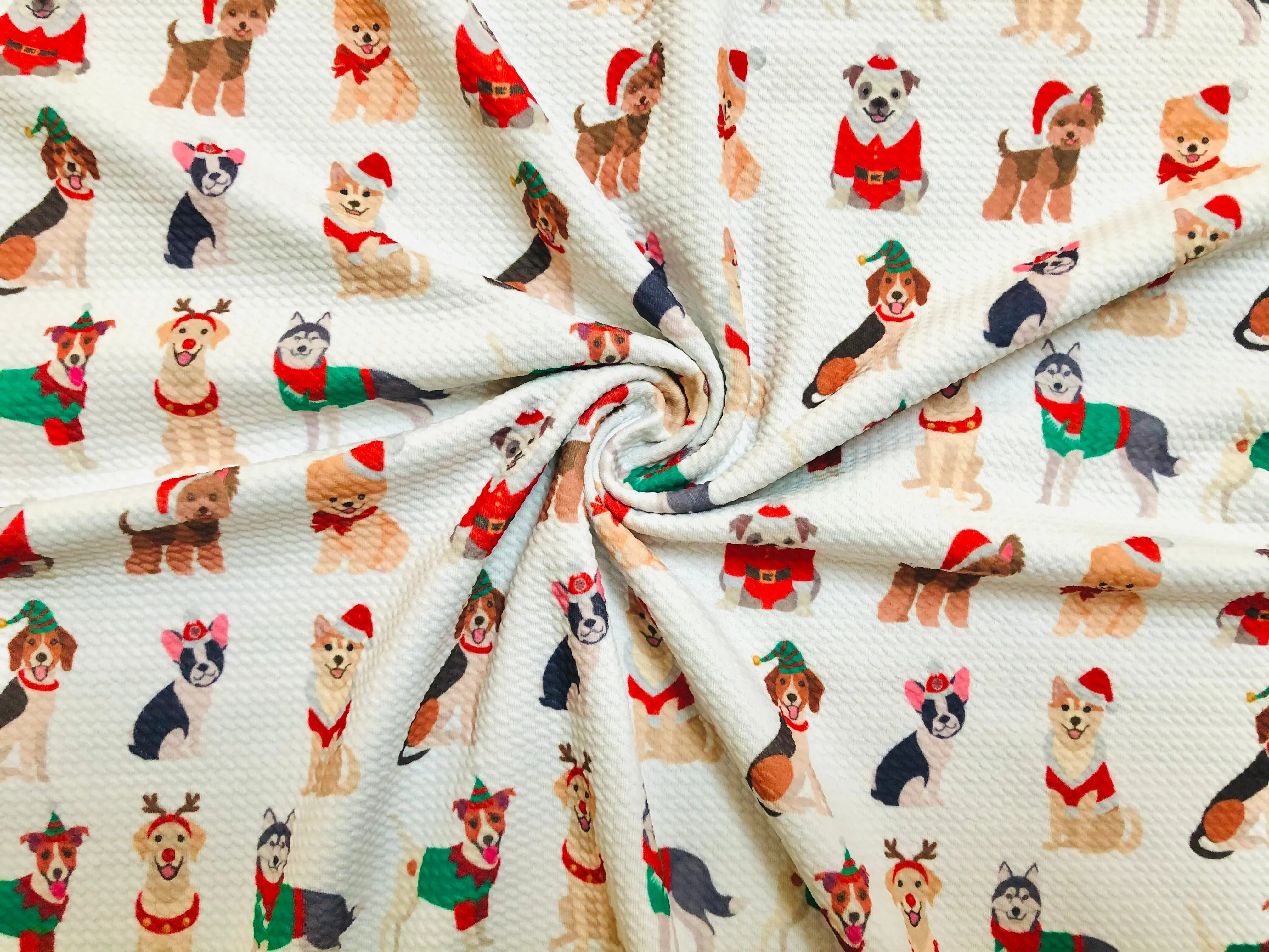 Ivory Christmas Dogs Bullet Knit Fabric – Textured 4 Way Stretch, 58" Wide, 200 GSM – By the Yard
