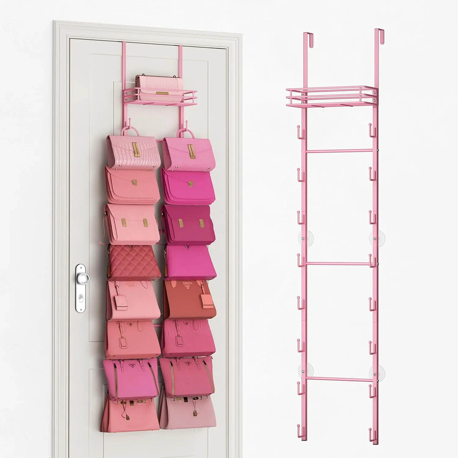 Over The Door Purse Organizer - Wall Mounted Handbag Organizer with 16 Hooks and Metal Basket,  Purse Storage Rack Holds up to 16 Bags, Bag Rack Can Use As 1/2 Part, for Door, Closet