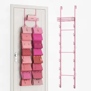 Over The Door Purse Organizer - Wall Mounted Handbag Organizer with 16 Hooks and Metal Basket,  Purse Storage Rack Holds up to 16 Bags, Bag Rack Can Use As 1/2 Part, for Door, Closet