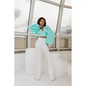 Mint Puff Sleeve V-neck Blouse