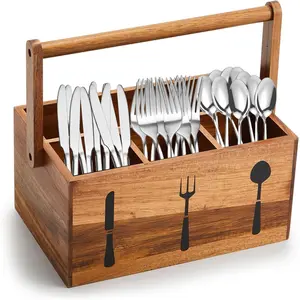 Acacia Utensil Caddy Silverware Caddy with Handle Wooden Multipurpose Countertop Flatware Napkin Utensil Organizer for Party Picnic Kitchen Trip, 9.1 x 5.9 x 4.5 in(Wood Color)