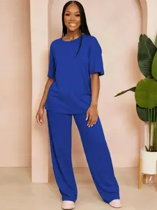 USBOUTIQUECHIC Women's Solid Blue Short Sleeve Crop Tee & Drawstring High Waist Trousers Two-piece Set for Casual Summer Daily Wear