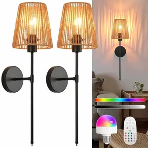 2-Pack Vintage LED Wall Lights, Handmade Rope Woven, Wireless Installation, Rechargeable Wall Sconces, Ideal for Hallway, Bedroom, Study, Entryway