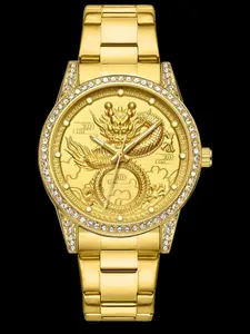 Luxury Gold Dragon Pattern Men's Quartz Watch, Diamond Bezel, Stainless Steel Waterproof Night Light, Fashion Business Casual, Unique Design, Perfect Gift