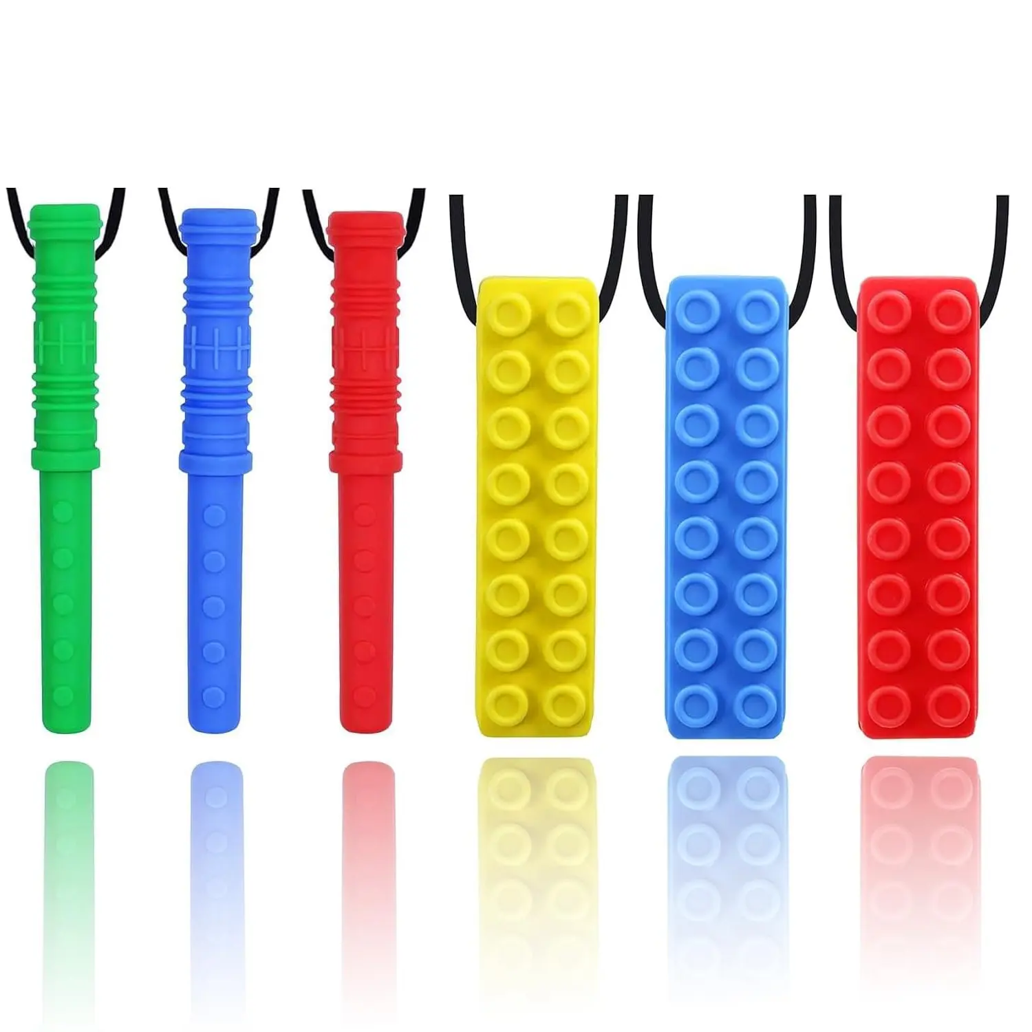 6 Pack Sensory Chew Necklace for Kids & Adults with Autism or ADHD, Casual Unisex Textured Silicone Blocks with High Chewing Resistance