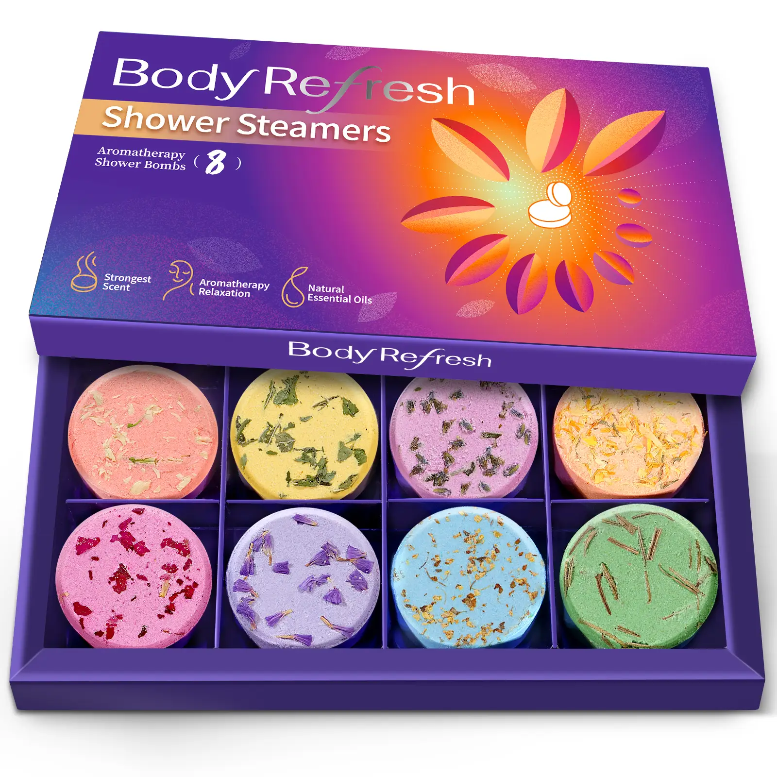 Bodyrefresh Shower Steamers Aromatherapy — 8 Pack Shower Bombs with Natural Essential Oils, Organic Plant Fragrance, Stress Relief, Self Care Relaxati