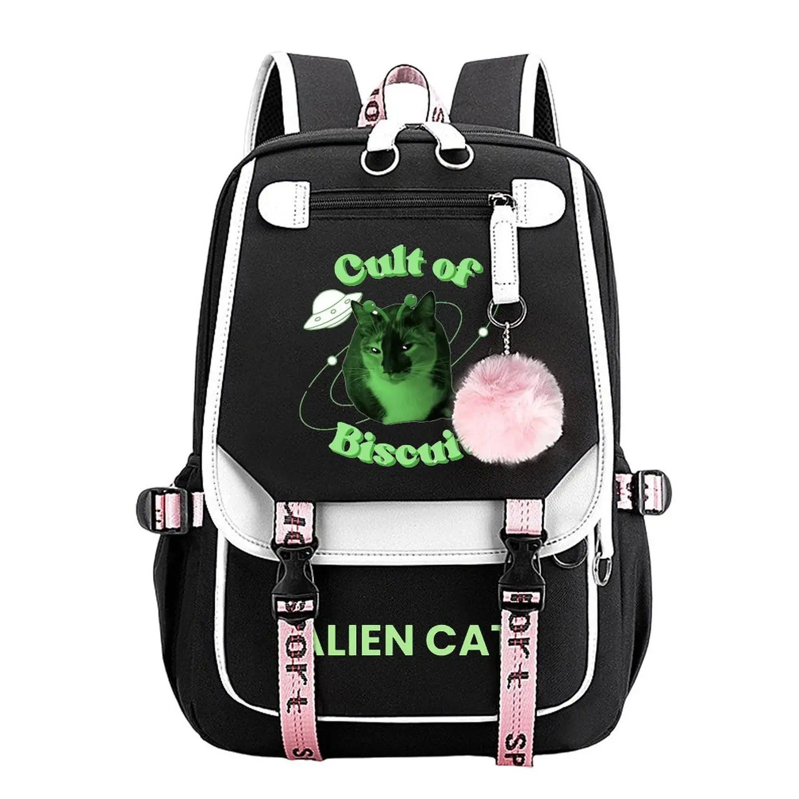 Alien Cat Print Cotton and Linen Backpack, 1-Size Teen Student School Bag for Boys & Girls, Water-Resistant Durable, Large Capacity, Multi-Pocket Organizer, Ideal Birthday & Holiday Gift (11.4in × 18.1in), One Size