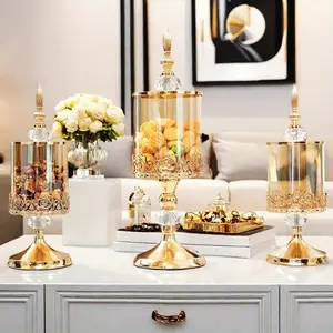 2pcs Vintage Elegant Glass Candy Dish with Lid, Golden Crystal Jar for Candy Buffet, Decorative Cookie Canister, Jewelry Trinket Box for Wedding Centerpiece & Home Decor Accents