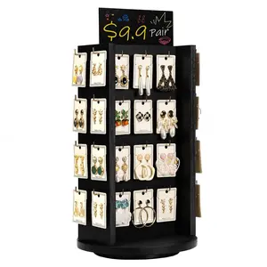 Rotating Earring Display Stands for Selling with Adversitsing Board, Real Wood Jewelry Display Stand for Vendors, Large Capacity Earring Cards for Selling Rack Holder (Weathered Black)