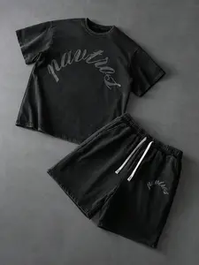 Classic Distressed Base + Handwritten Print, Vintage Washed Look, Short Sleeve Set, Summer Casual Sportswear