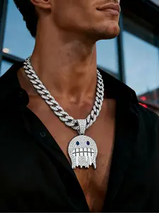 Hip-Hop Style Rhinestone Smile Pendant Necklace, Eco-Friendly Zinc Alloy Iced Cuban Chain, Perfect Party & Daily Accessory, Ideal Birthday Gift
