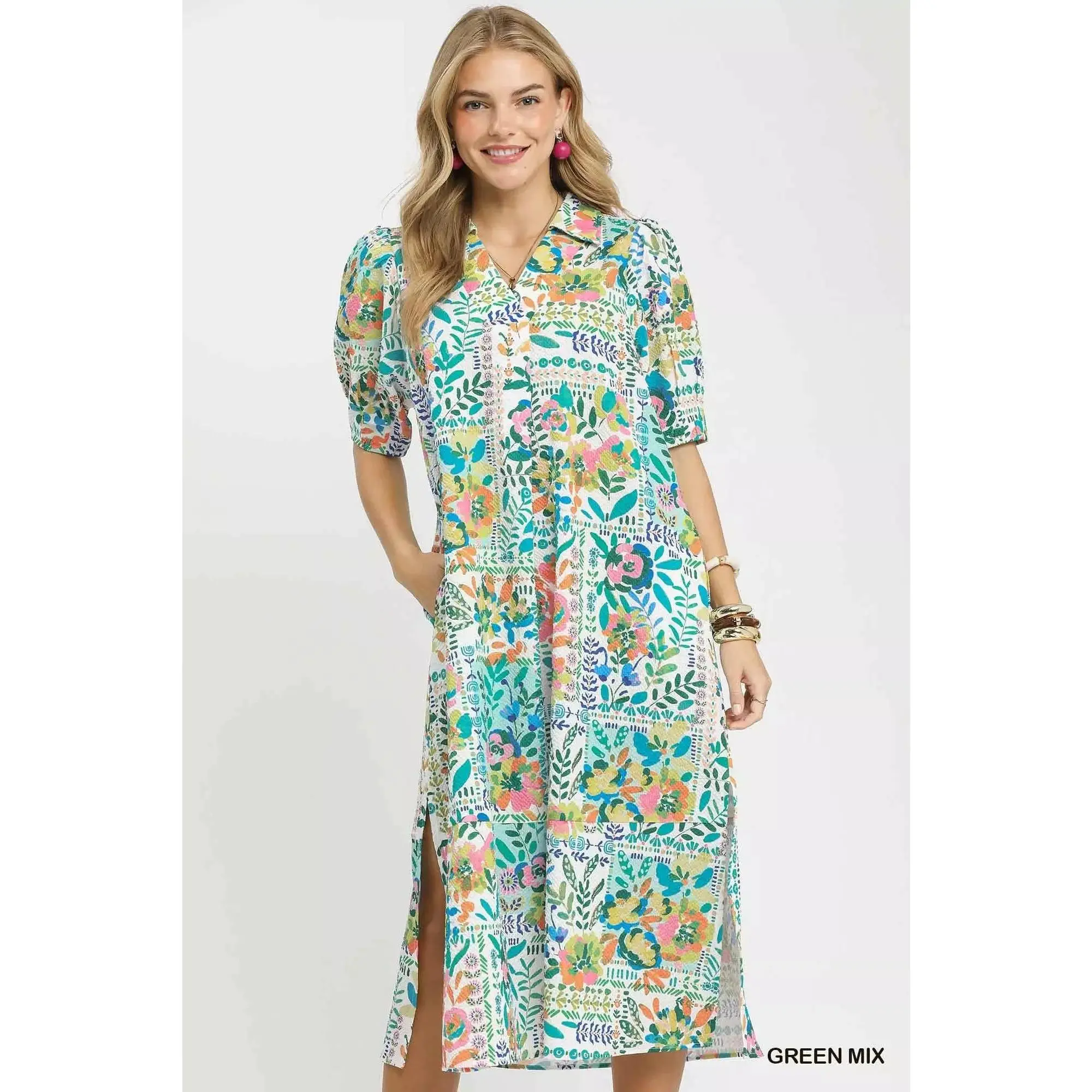 Umgee Women's Lightweight Bohemian Folk Print Shirt Day Dress, Collared Midi with Elastic Cuffs and Pockets, Comfortable, Casual, Floral, Fabric, Button, Polyester, Breathable, Sleeves