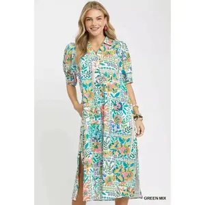 Umgee Folk Print Midi Dress with Side Pockets