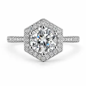 J-005WZ-Women's Luxury Hexagon Halo Moissanite Ring - Stainless Steel Engagement Ring, Geometric Wedding Promise Jewelry Gift