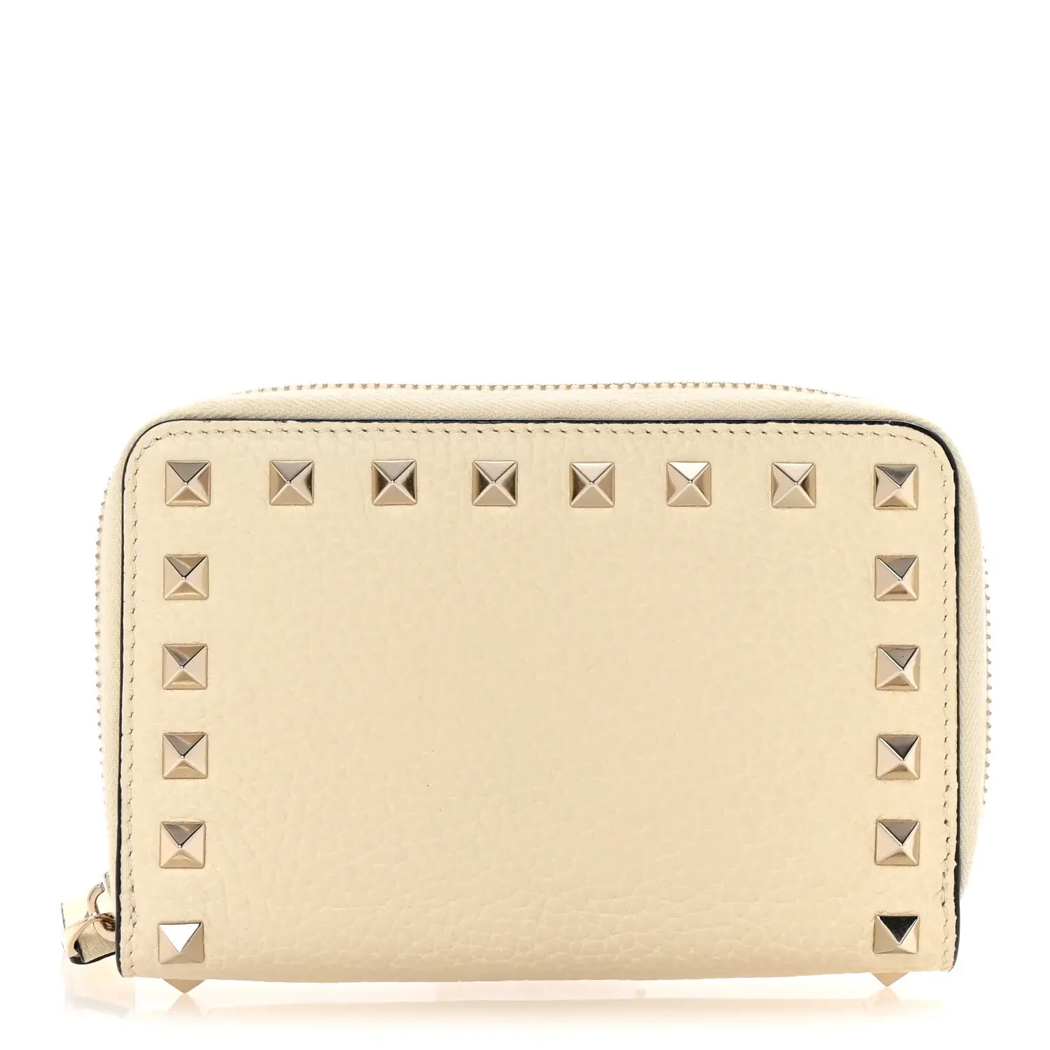 Pre-owned Pebbled Calfskin Leather Small Leather Goods VALENTINO GARAVANI Pebbled Calfskin Rockstud Compact Zip Around Wallet Light Ivory