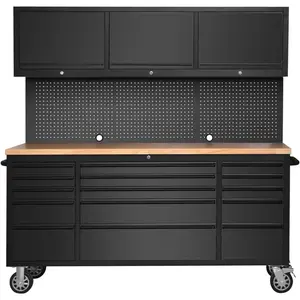 72-inch Rolling Tool Chest Cabinet Garage Workbench with 15 Storage Drawers and Wheels, 3 Upper Cabinet, Pegboard, Steel Large Tool Box for Garage Workshop, Matte Black