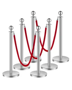 VEVOR Stanchions and Velvet Ropes 6Pcs, Summervibes,Summervibes, Hollow Base with Stainless Steel Post, 3 Red Velvet Ropes and Posts, Crowd Control Barriers Silver Stanchions, Red Carpet Runner Poles for Party Supplies