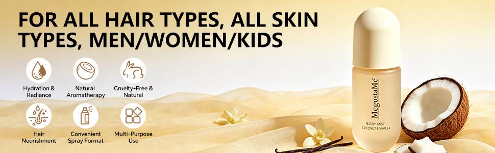 MegustaMe Coconut Vanilla Body Spray - Fresh Fragrance for Women, No p-Hydroxybenzoate or Phthalate, Long-Lasting Perfume