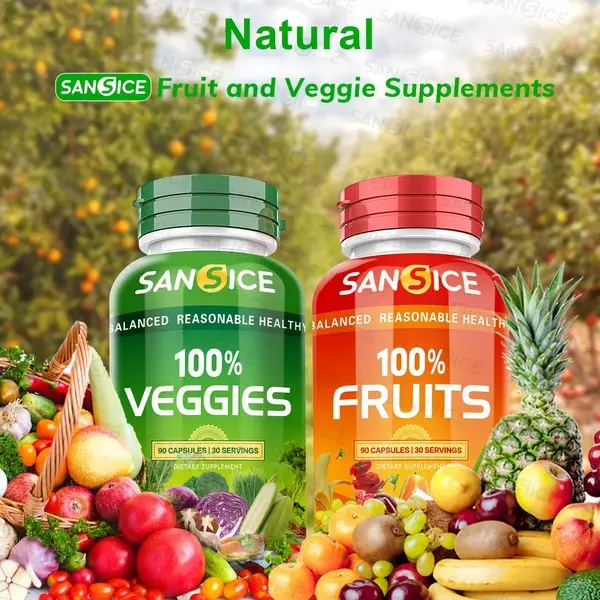 Sansice, 2 Bottles, Fruit and Vegetable Supplement, Fruit and Vegetable Vitamins Soy Free, Whole Super Fruit and Vegetable Supplements & Vitamin, Vegetable and Fruit Supplements for Women Men and Youngsters - 90 Fruit Capsules, 90 Veggie Capsules