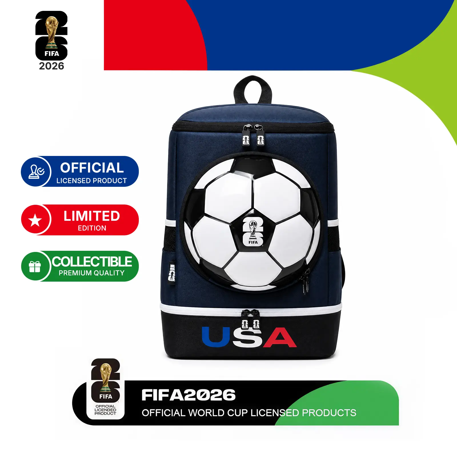 FIFA World Cup 26 Soccer Backpack, Official Licensed USA Sports Bag with Ball Holder and Shoe Compartment, Large Capacity Game Day Bag for Soccer Players, Trophy Emblem Fan Gift