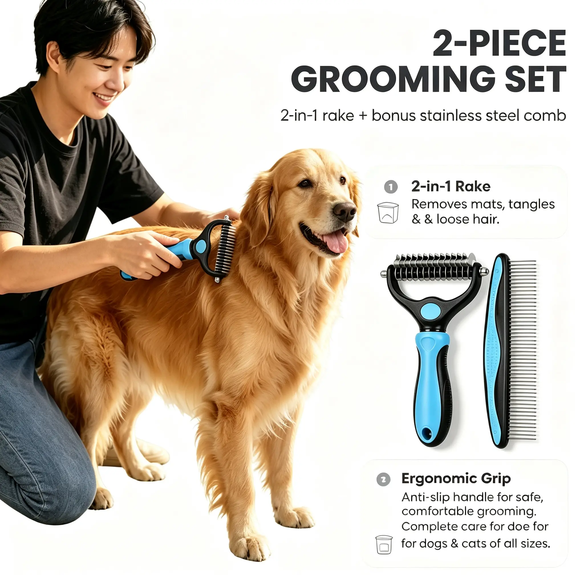 2-Pack Pet Dematting Comb Set (Right Hand Steel & Plast), Universal Fit Pet Grooming Hair Care Products - Hurtless Double-Sided Undercoat Rake with Slicker Brush Function for Home Grooming & Hair Control for Dogs & Cats