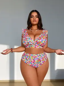 Plus Size Floral Bikini Set Women Ruffle Trim 2 Piece Swimsuit V Neck High Waist Bottom Removable Pads Beachwear Colorful