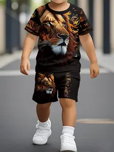 Boys Summer Trendy Short Sleeve Shorts Set, Cartoon Lion Pattern 3D Print, Comfortable Casual Top Set, Youth Streetwear Two-Piece