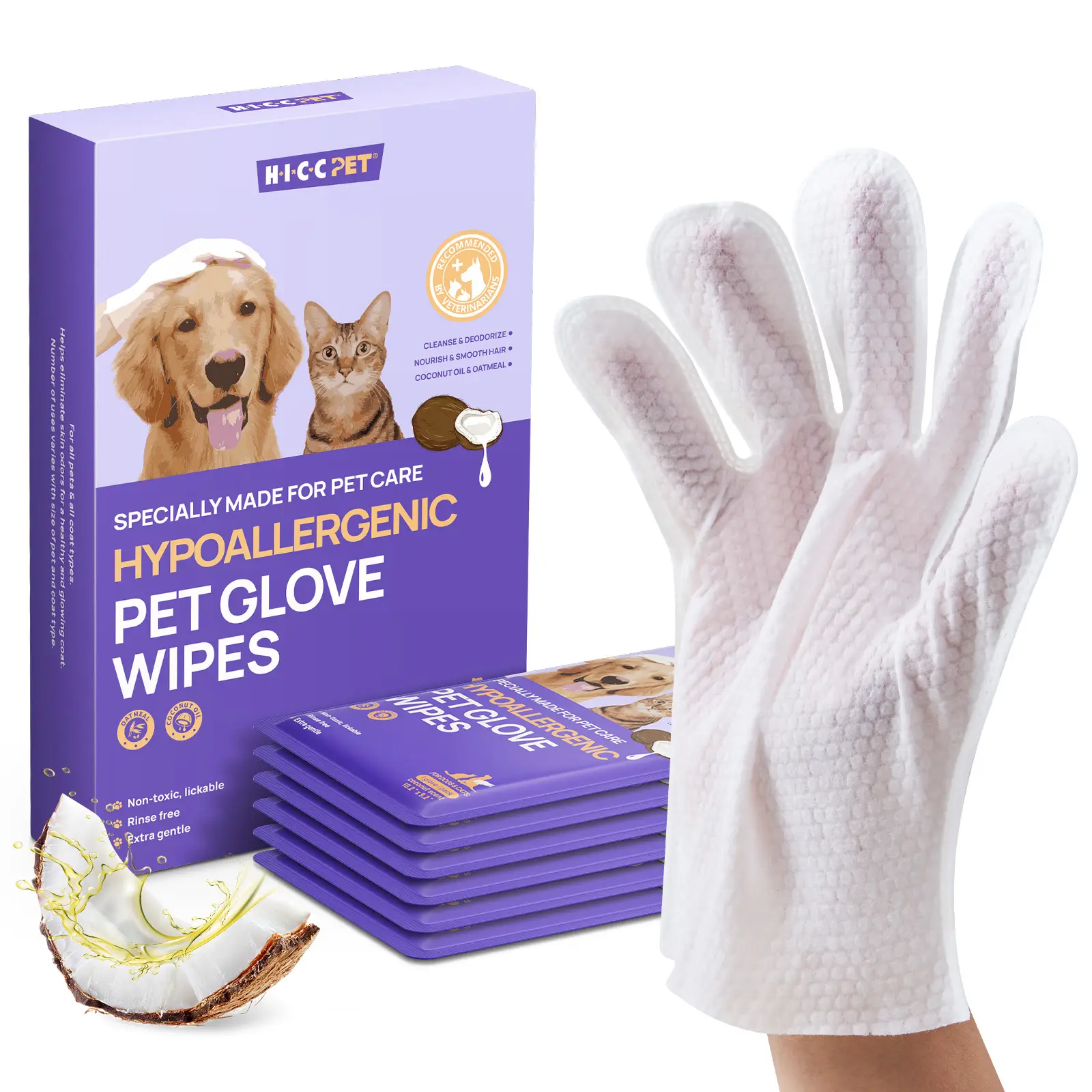 【FallDealsForYou】HICC PET Dog & Cat Grooming Wipes,Coconut Oil Glove Wipes Travel Pack 6 Pcs, Shedding & Grooming Deodoriz Hypoallergenic Pet Wipes Di