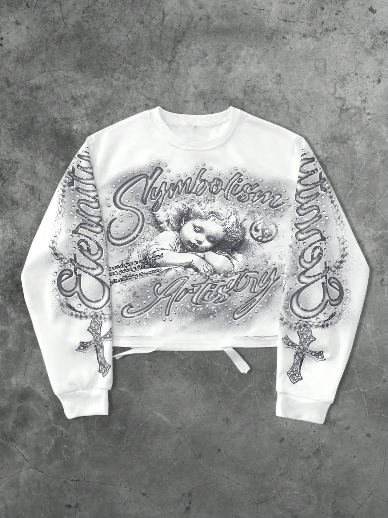 Men's Vintage Cross Angel Print Cutout Short Pullover Sweatshirt, Casual Long Sleeve Fall Winter Fashion, Loose Fit Tops, Streetwear