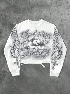 Men's Vintage Cross Angel Print Cutout Short Pullover Sweatshirt, Casual Long Sleeve Fall Winter Fashion, Loose Fit Tops, Streetwear