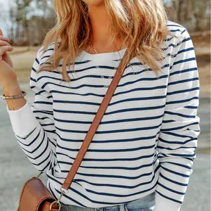 Chic Ribbed Stripes: Long Sleeve Top with Elegant Trim Detail Casual Striped