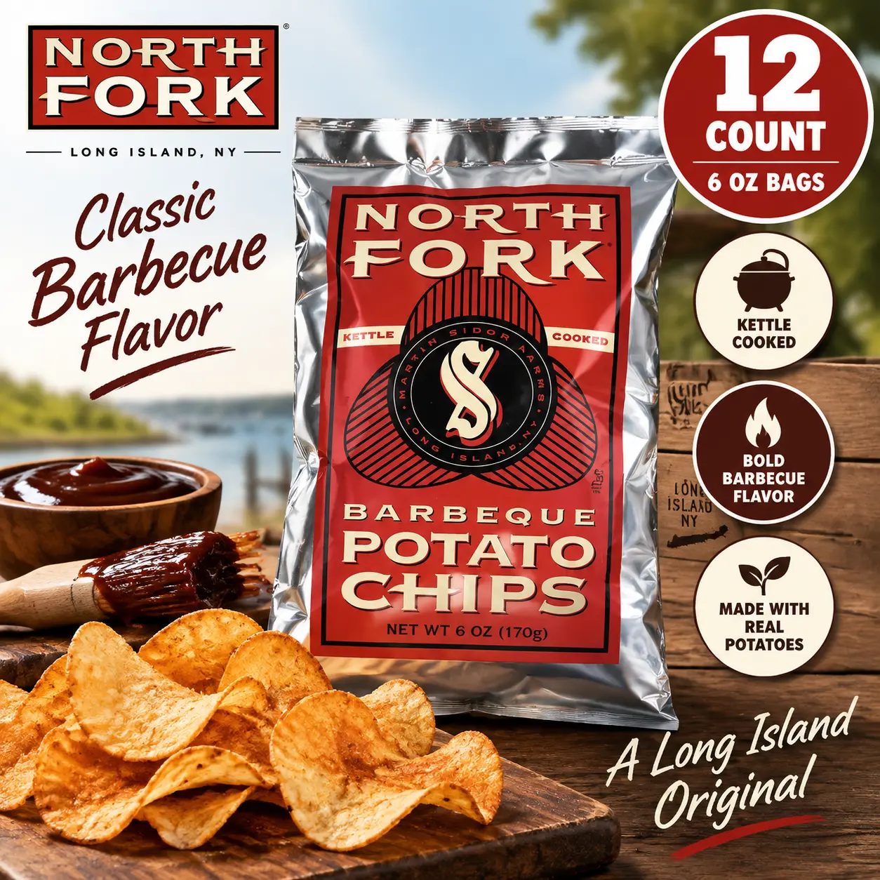 North Fork Kettle Cooked Potato Chips Barbecue Flavor 6 oz 12 Count Gourmet BBQ Snack Chips