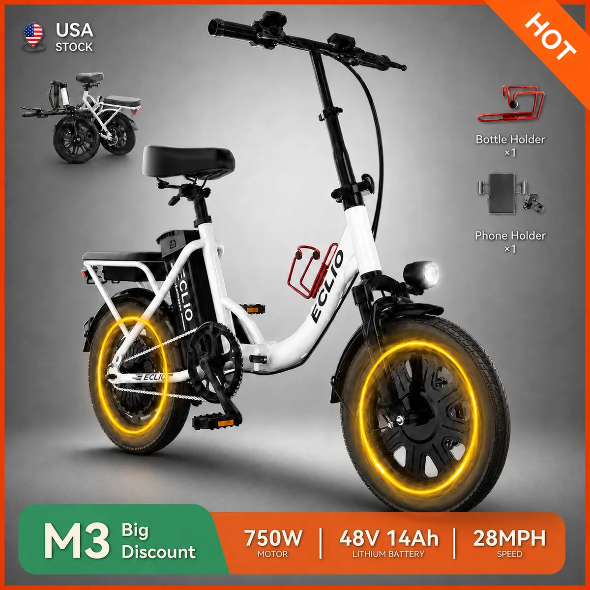 ECLIO M3 Folding Off-Road Ebike 750W 28MPH, 48V 14Ah Long Range 50-70 Miles Electric Bike, Full Suspension High Carbon Steel 14 Inch All Terrain Mountain E-Bike UL2849 Certified Disc Brakes Summervibes