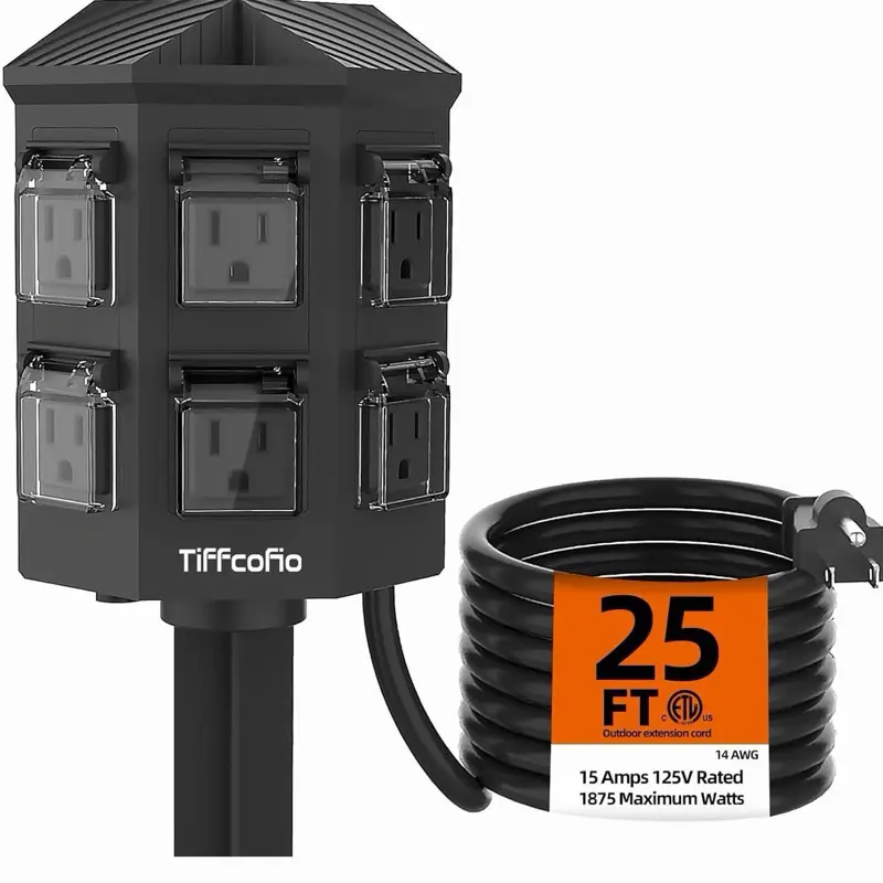 Outdoor Power Strip Waterproof, 24 Hour Mechanical Timer, 25 ft Extension Cord, 6 Grounded Outlets for Outdoor Lights
