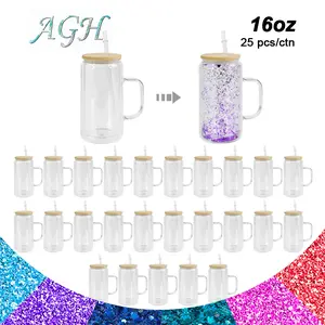 AGH 25pcs 16 oz Sublimation Snow Globe Glass Cups Double Wall Glass Mug Jar with Predrilled Hole Plug Tumbler DIY Drinkware Flask Portable Washable