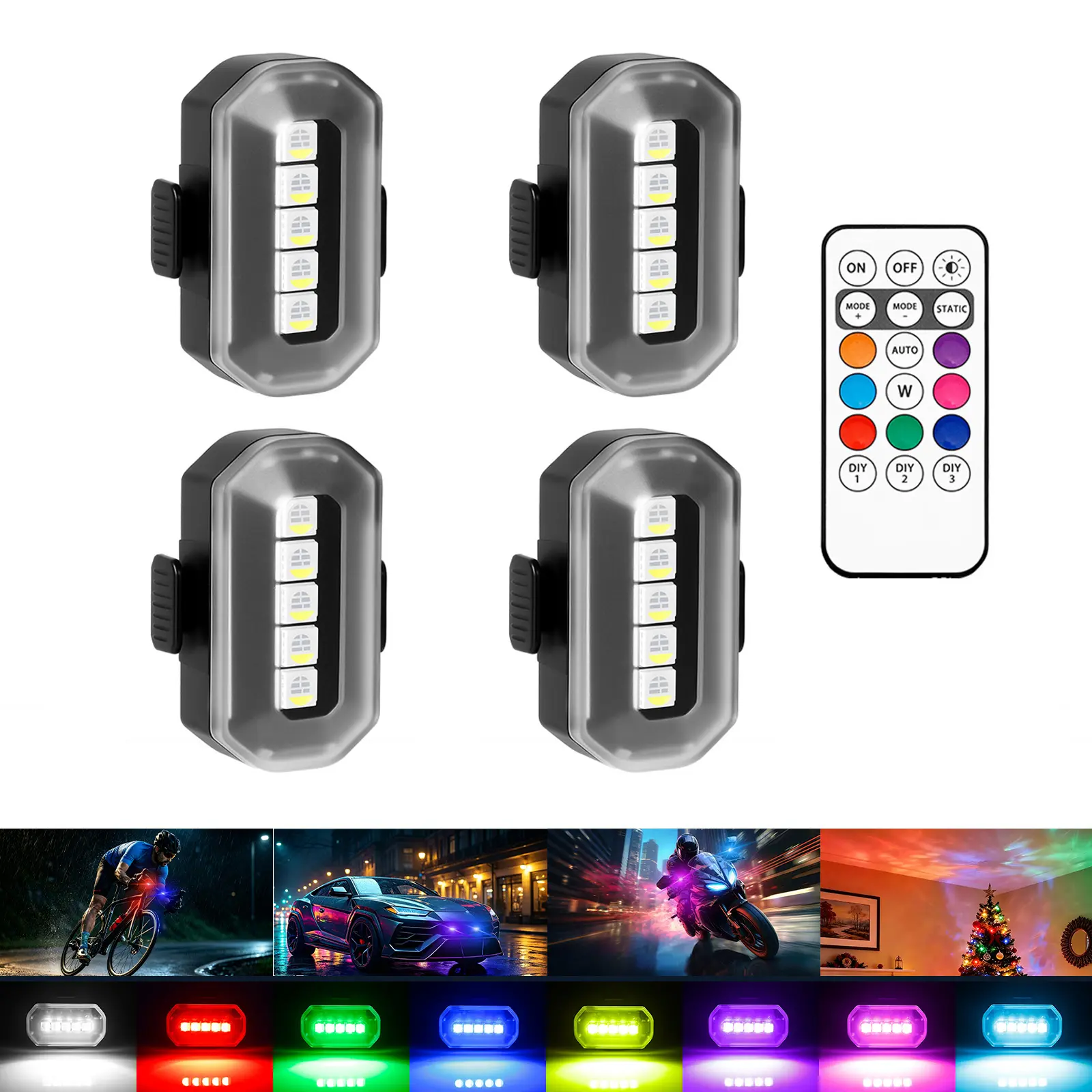 4-Pack Wireless Strobe Car Lights, Rechargeable LED Warning Lights with Remote Control, IP67 Waterproof, USB-C Fast Charging, 8 Colors, 3 Brightness Levels for Motorcycle, Bike Christmas Gift