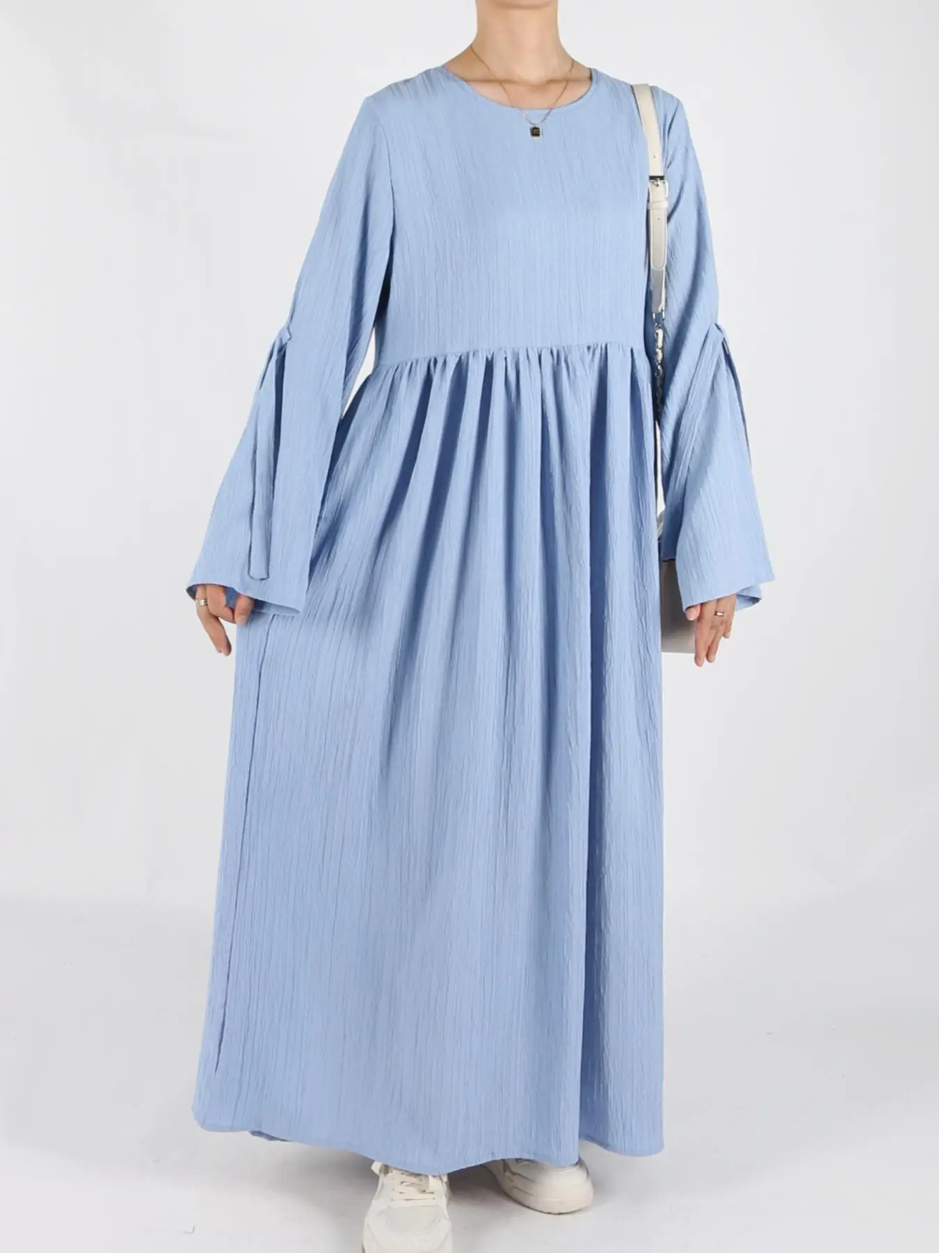 Women's Plain Bow Decor Flounce Sleeve Pocket Smock Dress, Casual Long Sleeve Round Neck Zipper Back Dress for Daily Wear, Ladies Clothes for All Seas