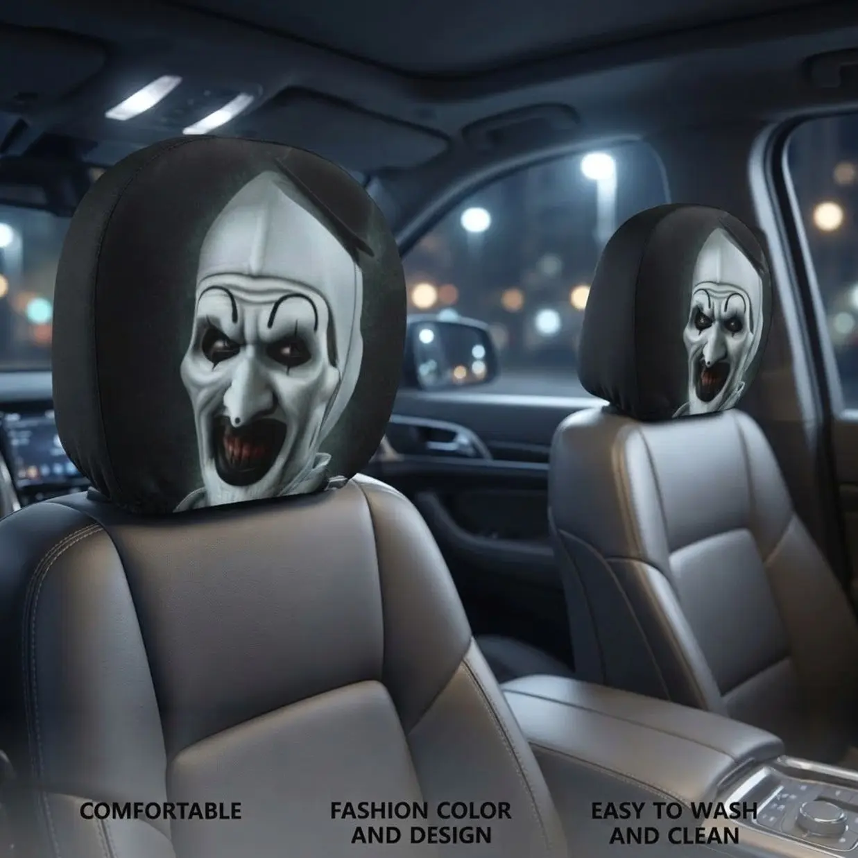 Spooky Art the Clown Car Headrest Cover, Creepy Terrifier Killer Clown Auto Protector, Horror Halloween Car Decor